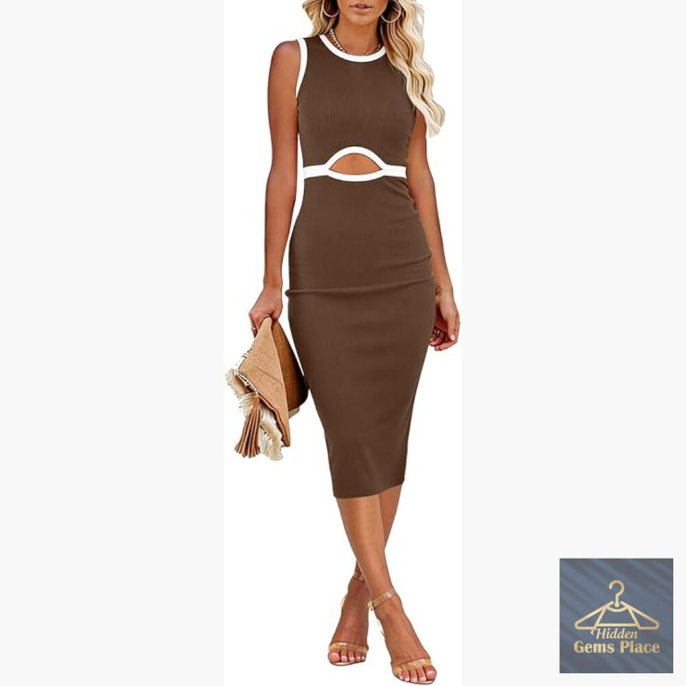Sleeveless Ribbed Bodycon Midi Dress with Cut Out Crew Neck